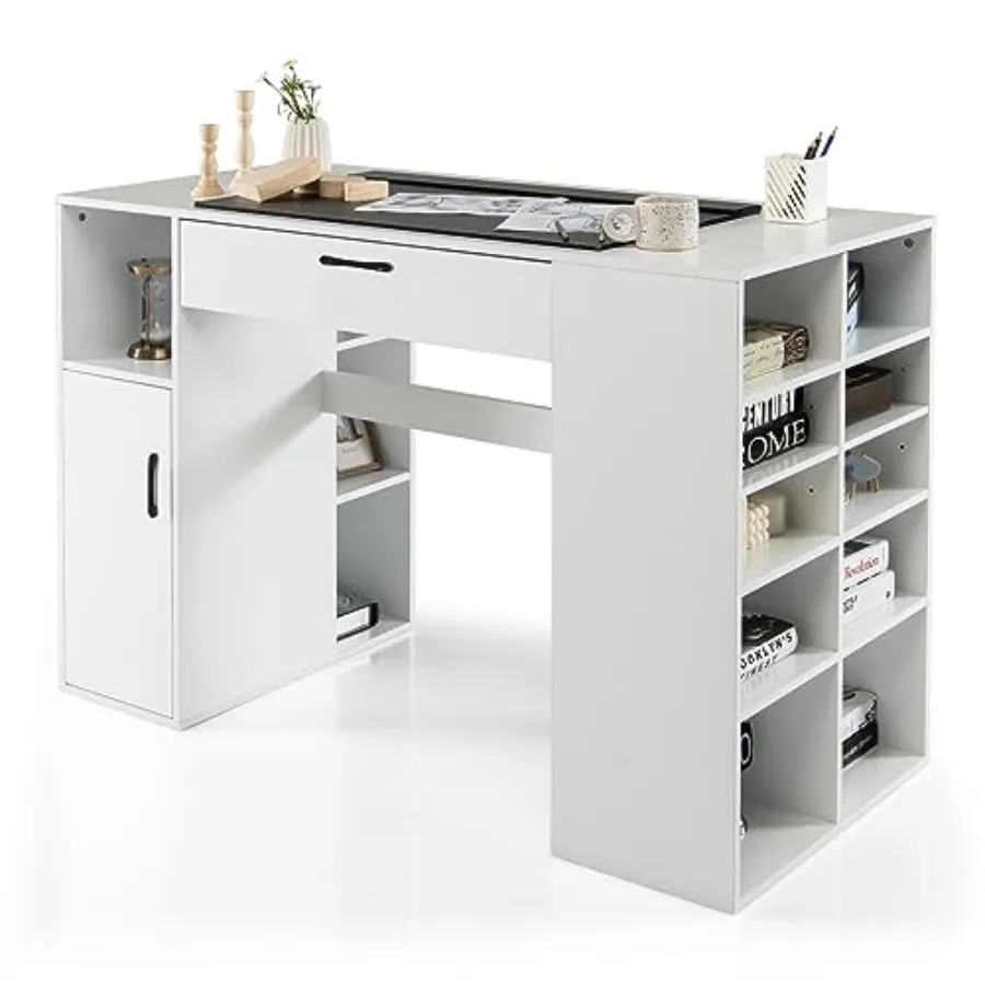 Craft Table with Storage Artwork Sewing Table 14 Large and Small Storage Compartments 1 Sliding Drawer 1 Cabinet with 2 Shelves