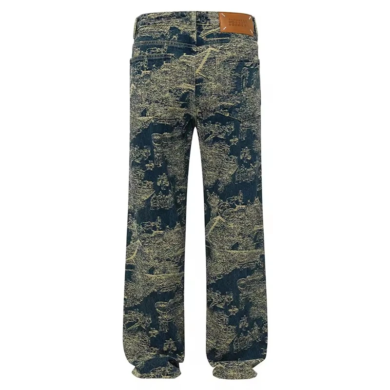 Men Jacquard Weave Denim Jeans Loose Straight Pants Ripped Distressed Vintage Blue Cotton Trousers