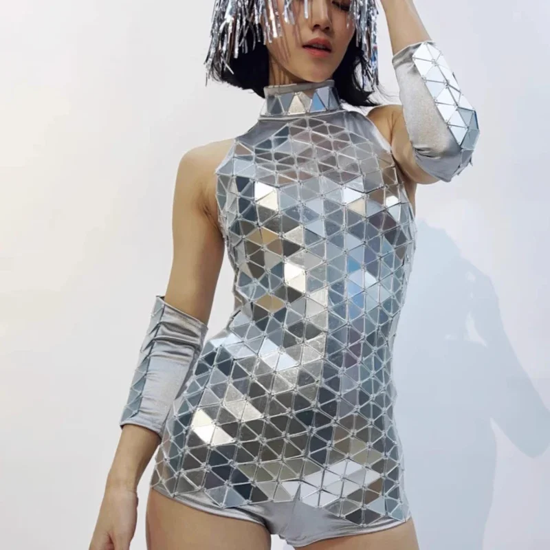 Boate bar festa showgirl outfit prata espelho macacão evento mostrar personalizado desempenho feminino gogo dançarino terno