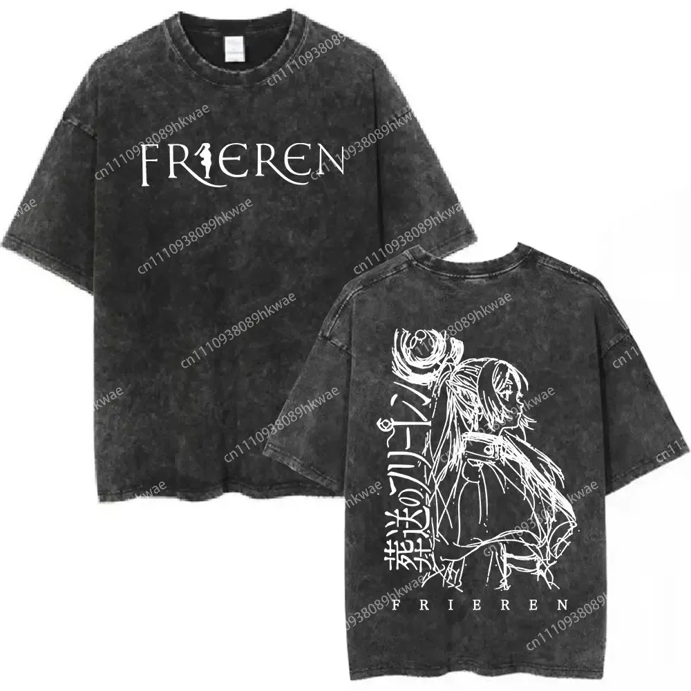 Frieren Beyond Journey's End Washed Anime T-Shirt Oversized Black Streetwear Cotton Tee Elf Mage Line Art Aesthetic for Fans