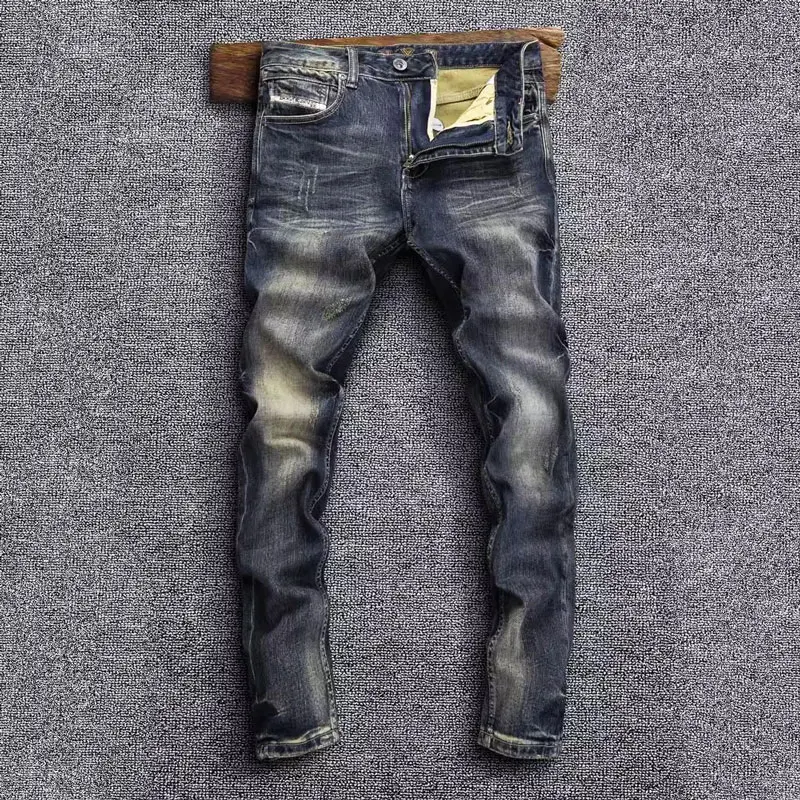 

Newly Designer Fashion Men Jeans High Quality Retro Washed Blue Stretch Slim Fit Ripped Jeans Men Vintage Denim Pants Hombre