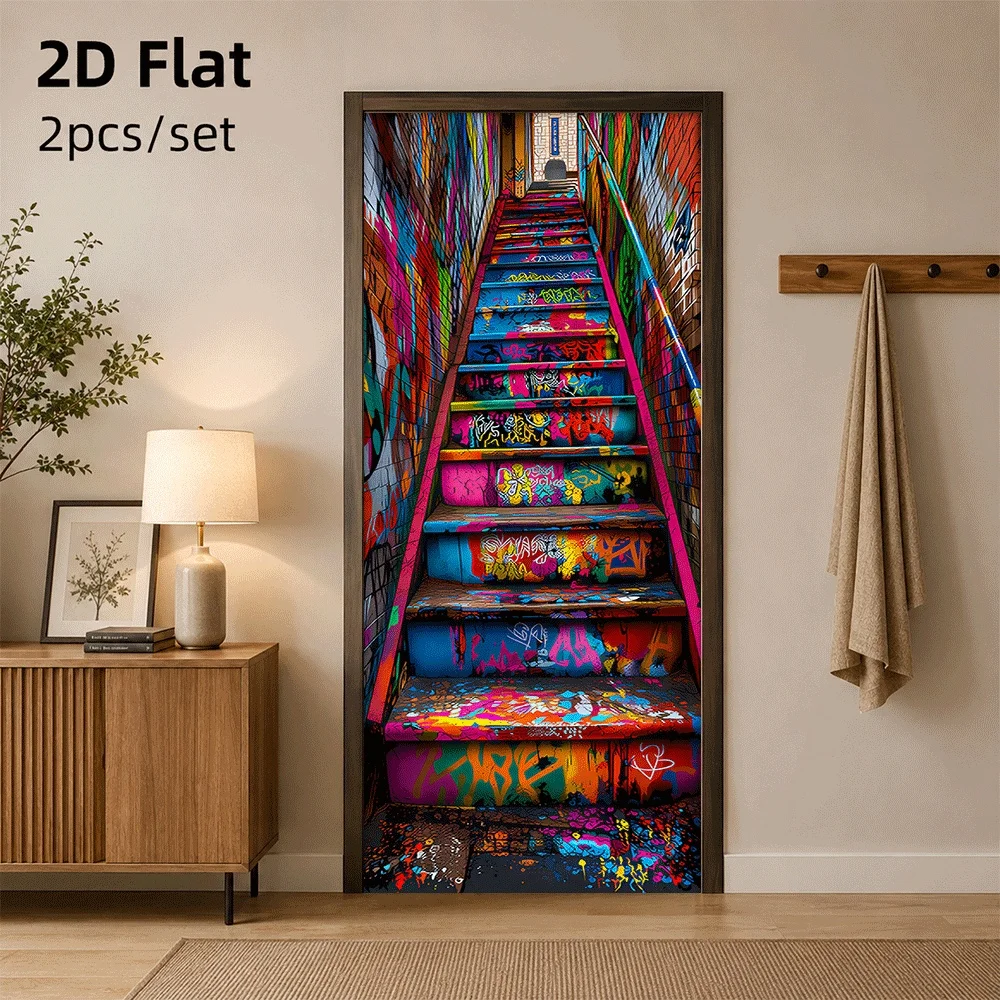 1 creative graffiti staircase door sticker with colorful street style suitable for entrance bedroom living room 2D plan