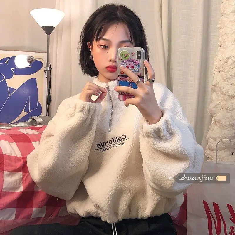 

Lamb Velvet Short New Turtleneck Sweatshirt for Women Thick Loose Korean Autumn Winter Zipper Top Coat Plus Velvet Ins