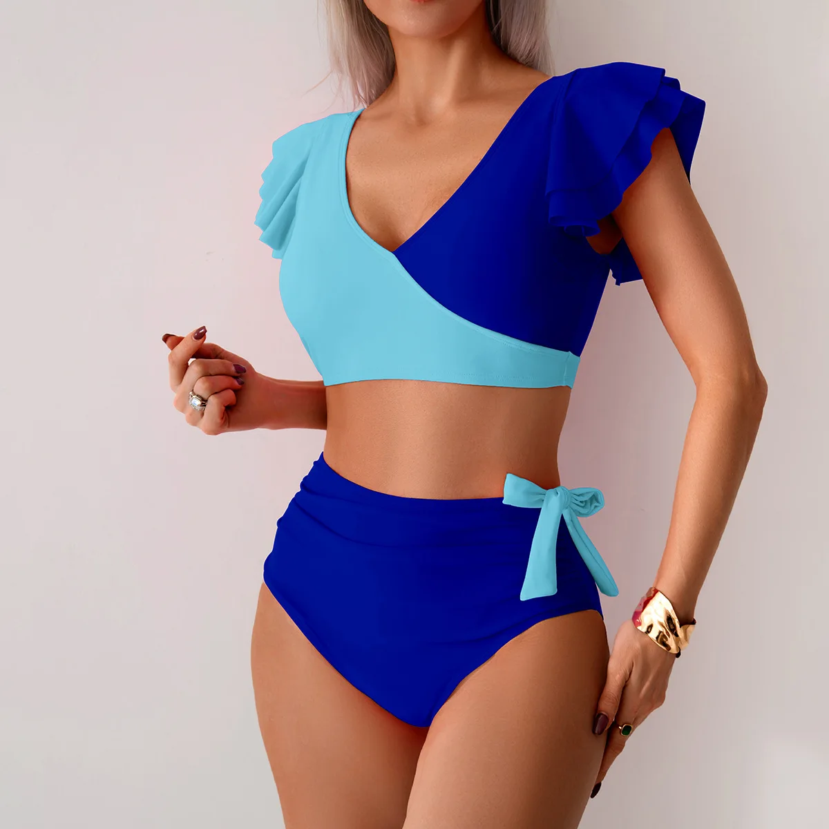 Women's Swimsuit 2025 Ruffled Contrasting Color Stitching Split Two-piece Swimsuit Fashion High-waist Slim Triangle Bikini Sets