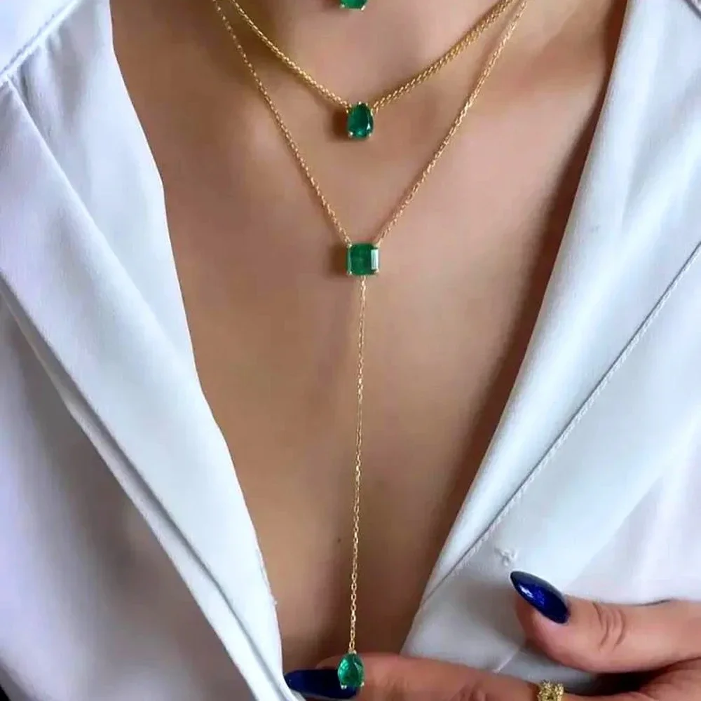 Green Tear Drop CZ Cubic Zirconia Double Choker Y Lariat Long Clavicle Chain Multi Layer Necklace European Fashion Women Jewelry