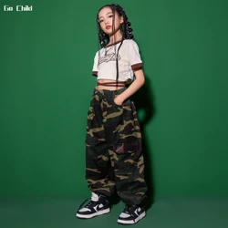 Girls Hip Hop Crop Top Camouflage Cargo Pants Clothes Sets Kids Tie Up T-shirt Street Dance Joggers Children Streetwear Costumes