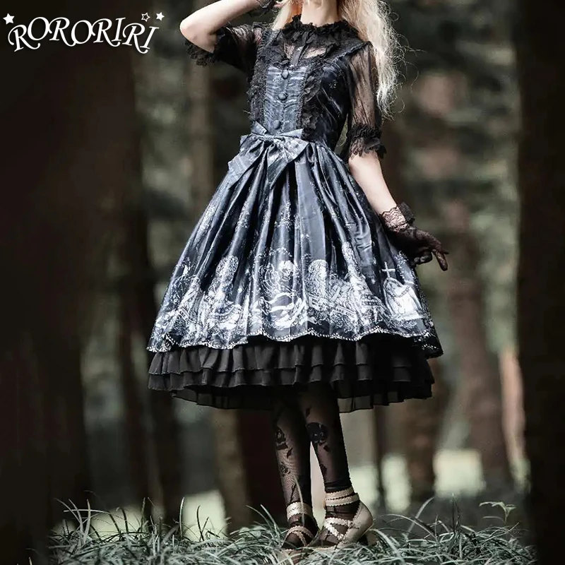 

RORORIRI Saint Gravestone Lolita JSK Women Button Decor Bowknot Puffy Tank Mini Dress One-piece Gothic Closplay Maid Costumes