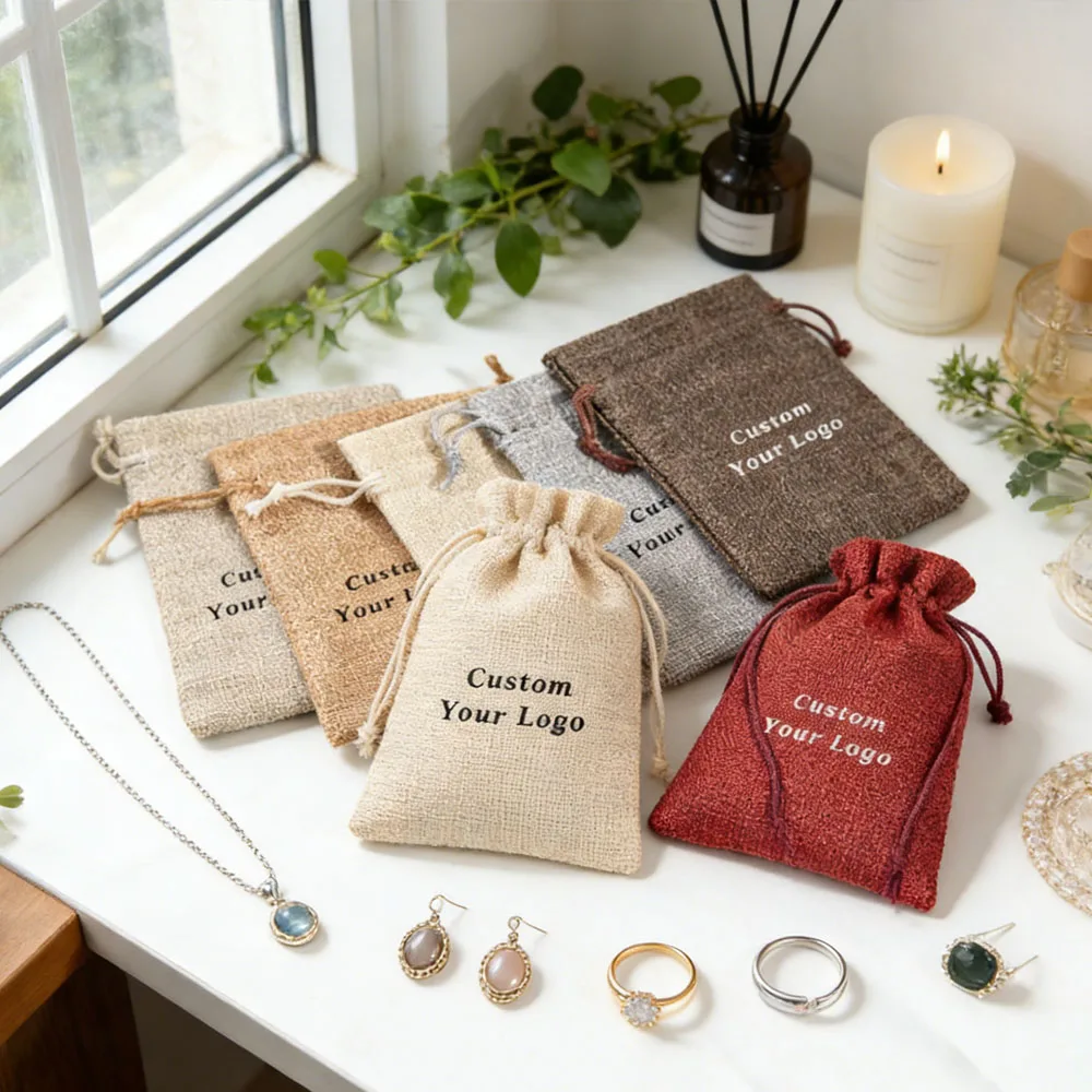 

100Pcs Personalized Logo Burlap Gift Bag with Drawstring Reusable Jewelry Packaging Natural Linen Jute Wedding Favors Gift Pouch