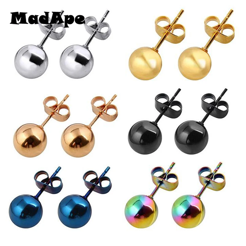 MadApe 2PC Surgical Steel Silver Color,Black,Gold,Rose Gold Color Ball Stud Earrings Punk Ear Tragus Ear Piercing Stud Earring