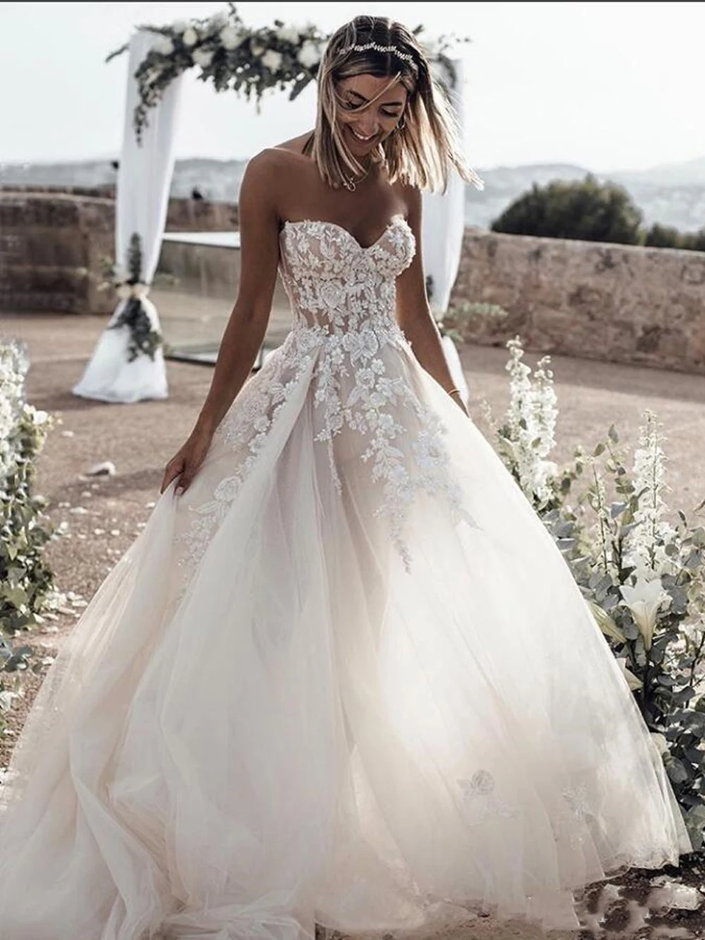 Sweetheart Trouwjurken Boho Kralen Kant Illusion Bruidsjurken Tule Applicaties Zomer Strand Bruid Vestido De Novia Aangepast