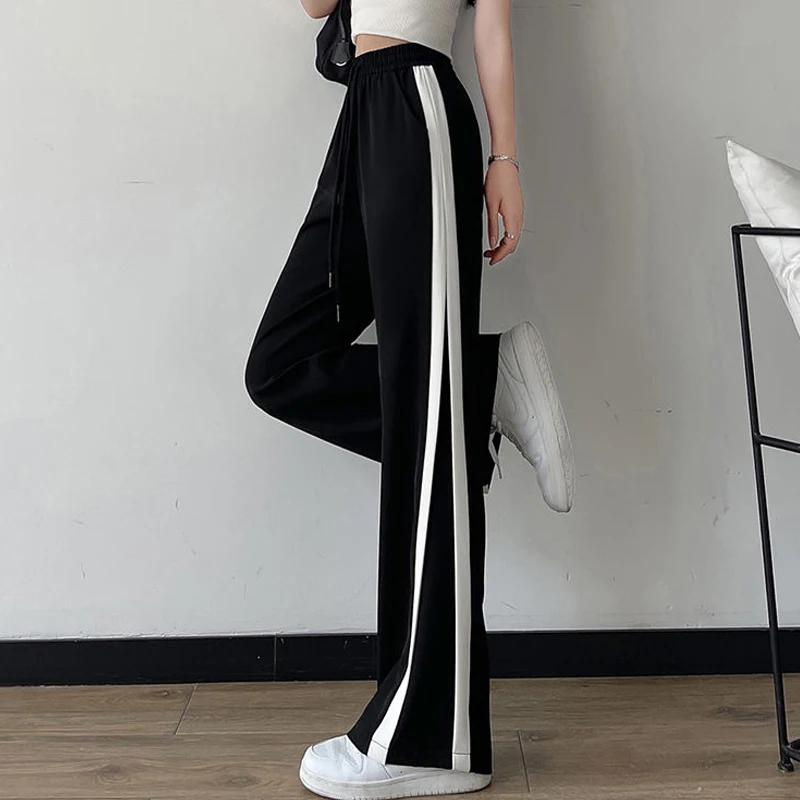 Side Stripe Sweatpants Y2k Women 2023 Summer Korean Style High Waist Streetwear Harajuku Straight Wide Leg Pants Casual Trousers