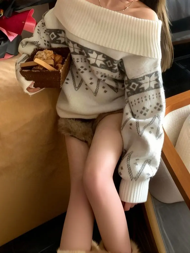 Cozy Vintage Off Shoulder Oversize Sweater Women Designer Chic Knit Boat Neck Pullover Outerwear Coat Autumn Winter 600g Thick