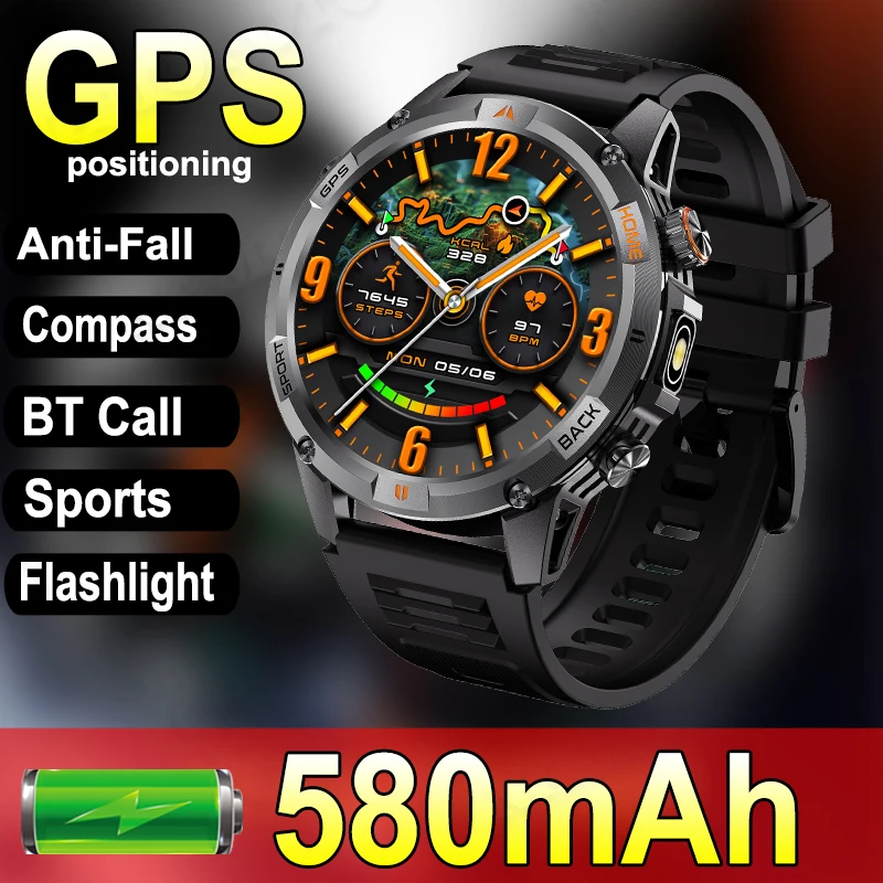

GPS Tracking Smartwatch Men 580mAh Anti-fall Wrist Watches BT Call Compass Strong Flashlight Heart Rate Monitor Smart Watch