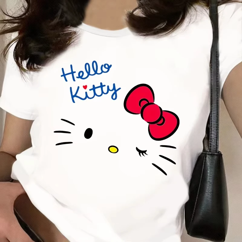 

Sanrio Hello Kitty Women's Casual Short Sleeve T-Shirt Cute Cartoon Printed Crew Neck Summer Fashion Top