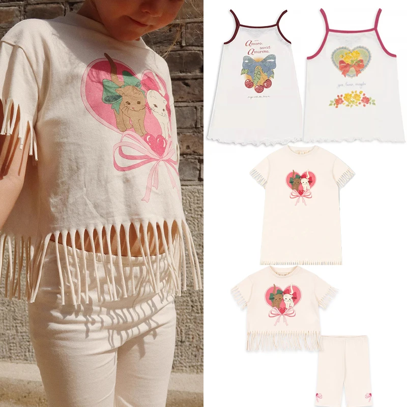 

Girls Dress 2025 New Summer Children Cherry Print Vest Skirt Girl Kitten Printed Dress Kids Round Neck Top and Shorts Set