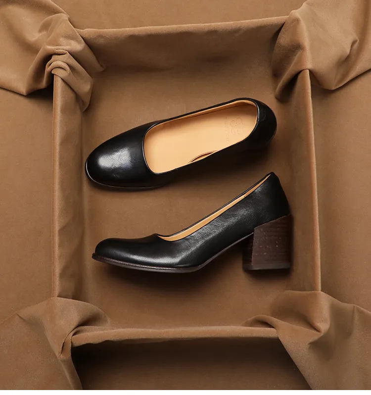 SHOEBOX French-style shallow round-toe commuting retro leather women's flats 2026 autumn new versatile block heel pumps