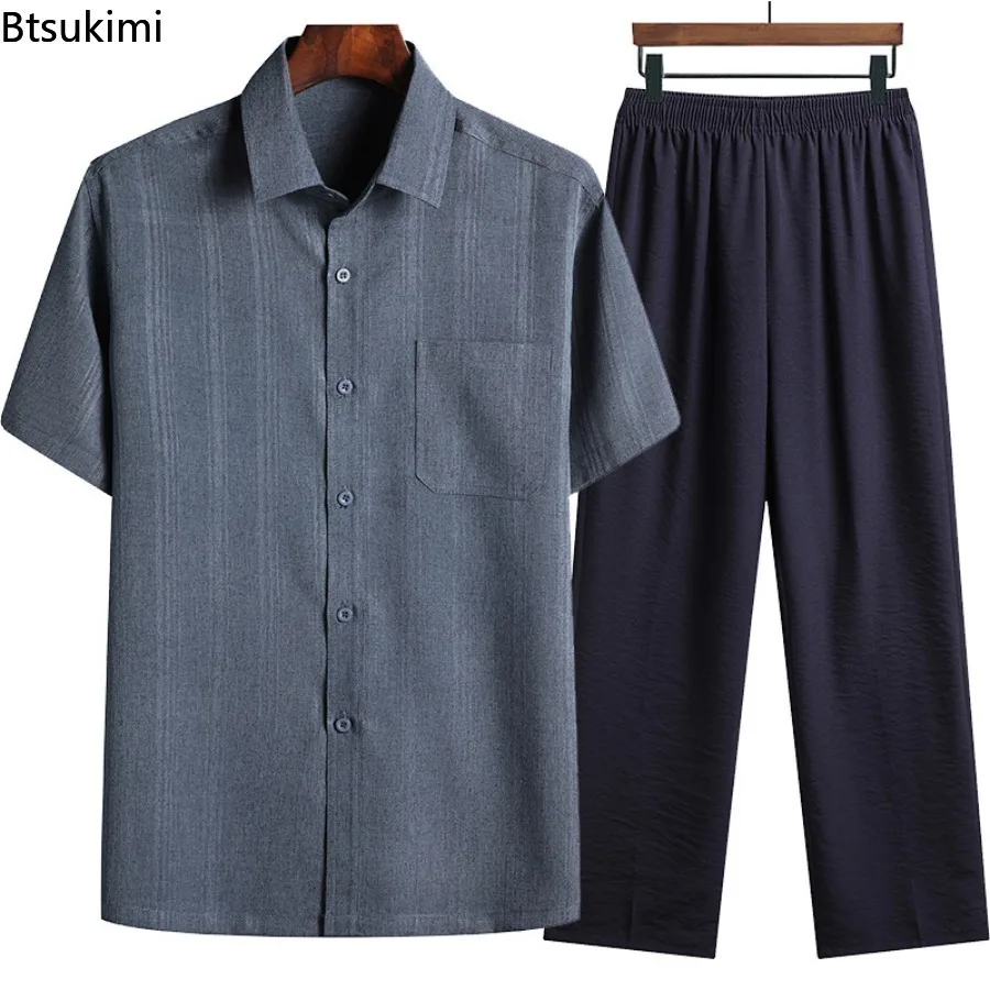 2026 Men's Two Piece Set Fashion Solid Short-sleeved Button Lapel Shirt+Pants Casual Suit Summer Breathable Cotton Linen Outfits