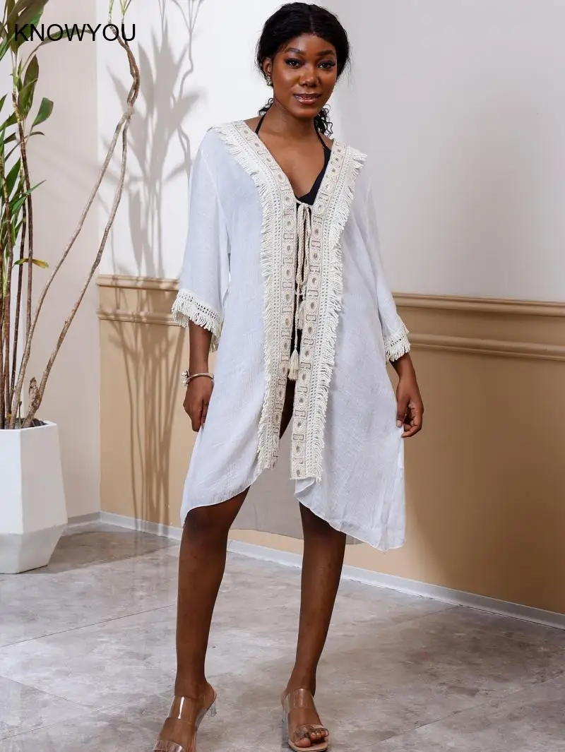 Exy Beach protección solar cubrir estilo bohemio Casual cárdigan abierto mujeres con cordones traje de baño Sexy Cardigan Bikini batas