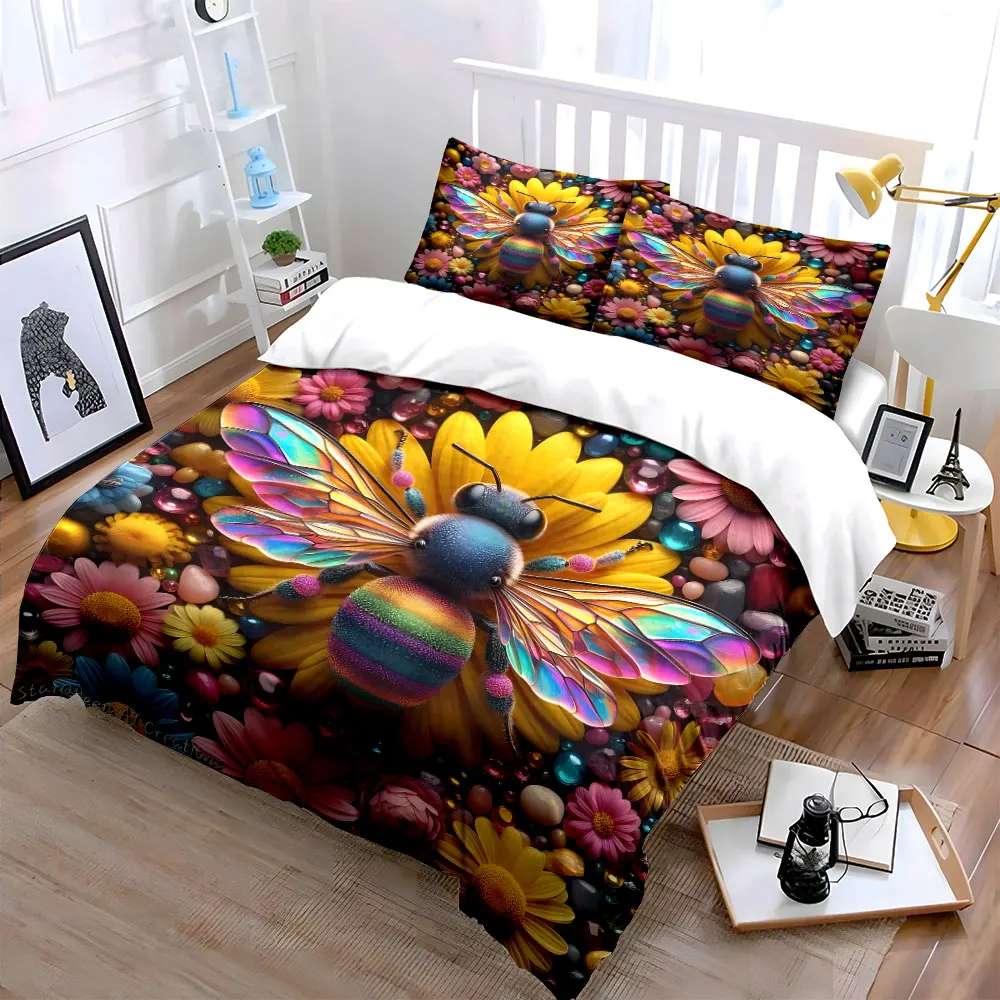 Rainbow Bee and Colorful Flowers Bedding Set for Kids Luxury Gift 3pcs Digital Print Comforter Set Soft Comfortable Breathable
