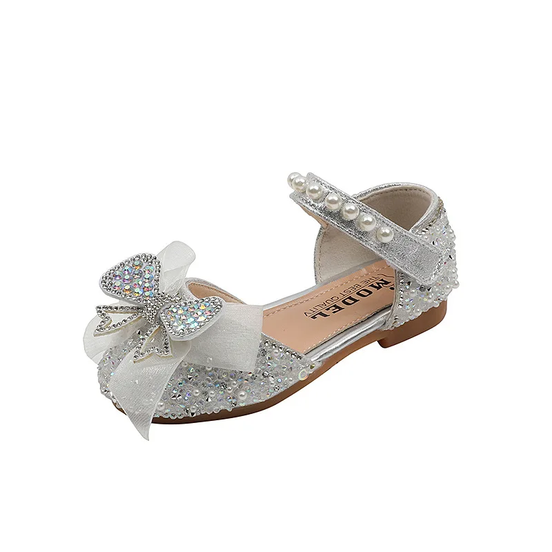 Princess Girl Silver Sandals Shoes Bowknot Sandals Summer New Pearls Sequins Rhinestone Party Wedding Non Slip Flat Shoes