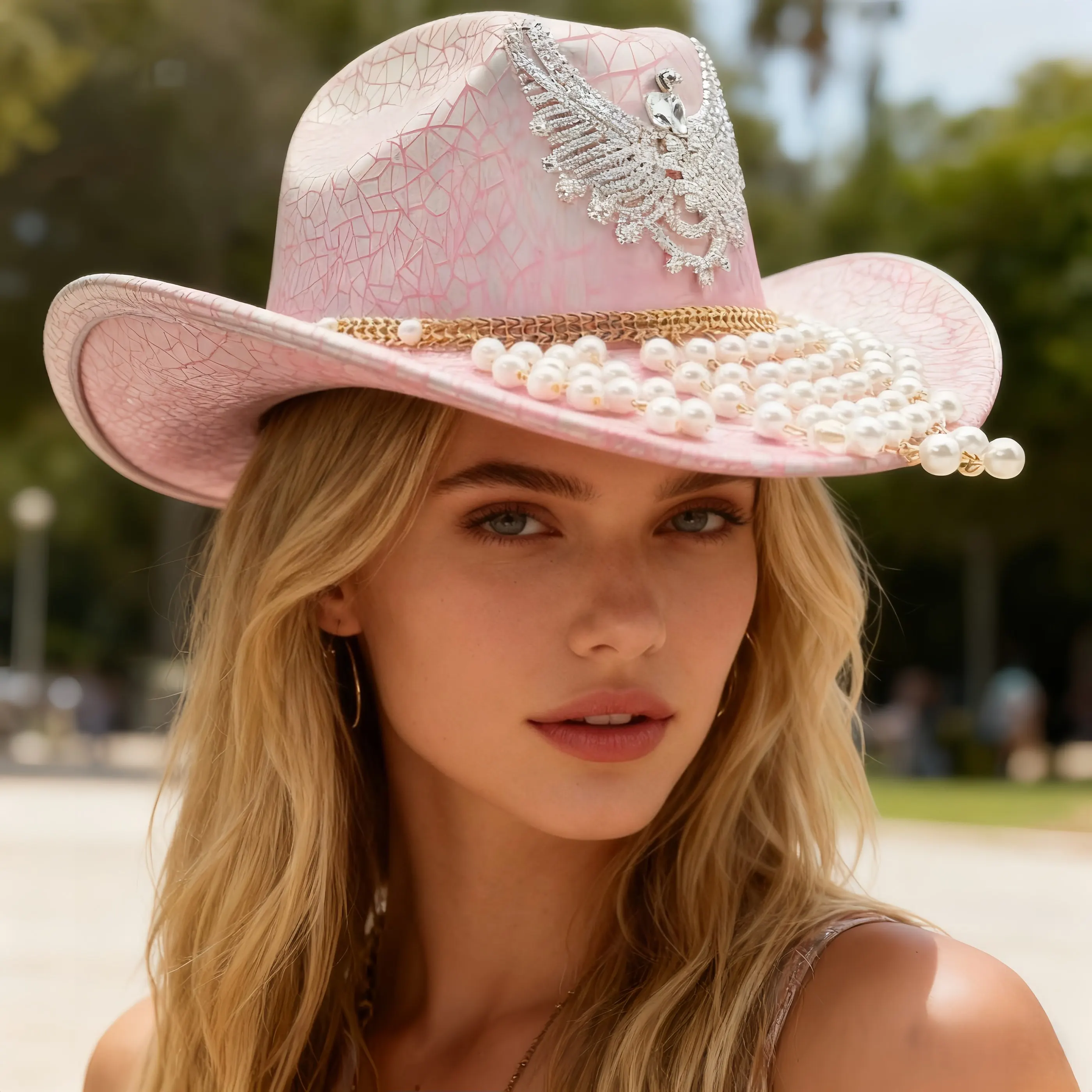 HongLuan Pink Glitter Costume Hat Adult, Cowboy Hats Rhinestone for Woman, Cowboy Cosplay Female Accessories & Cowgirl Cap