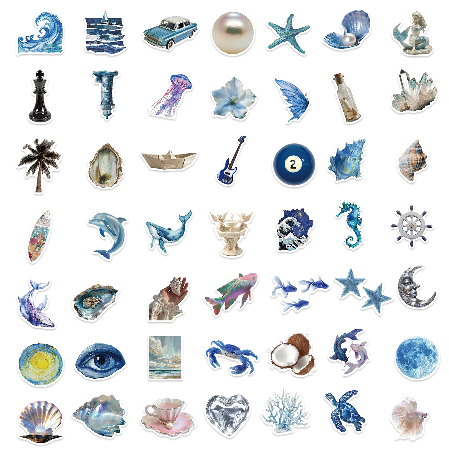 50pcs Silver Blue Sea Ins Sticker Waterproof Graffiti Cartoon Stickers For Luggage Laptop Guitar Phone Skateboard Vinyl Decals