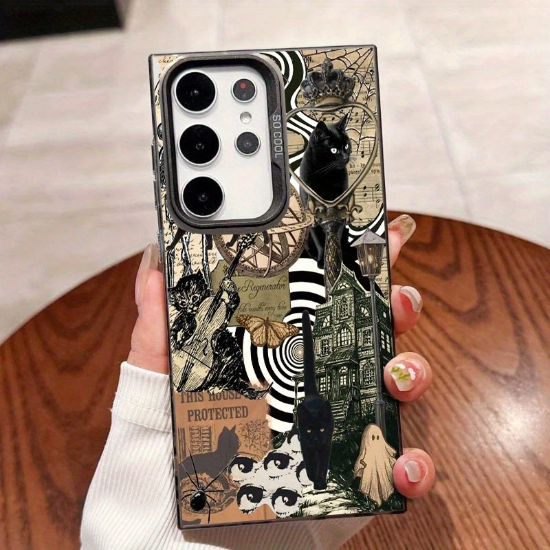 Diseño de patrón de Casa Encantada de murciélago y calavera de gato negro para iPhone 16, 15 14 13 12Pro Max, funda especial para teléfono, tendencia de moda