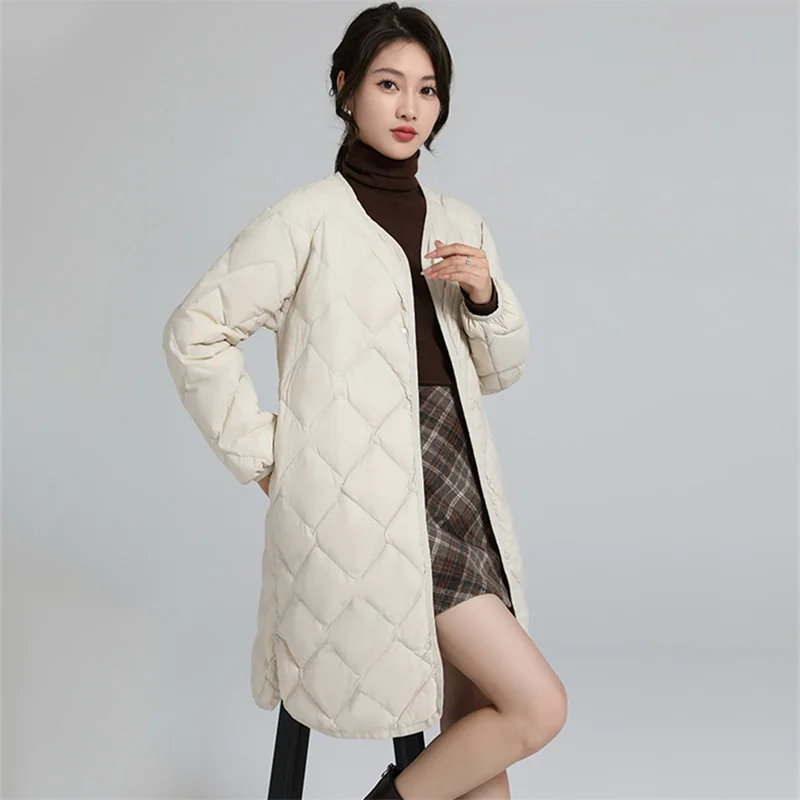 Malha rômbica quente leve fina branca de pato para baixo jaqueta feminina, longo puffer parkas, casaco gola V, grande tamanho feminino outwears, inverno