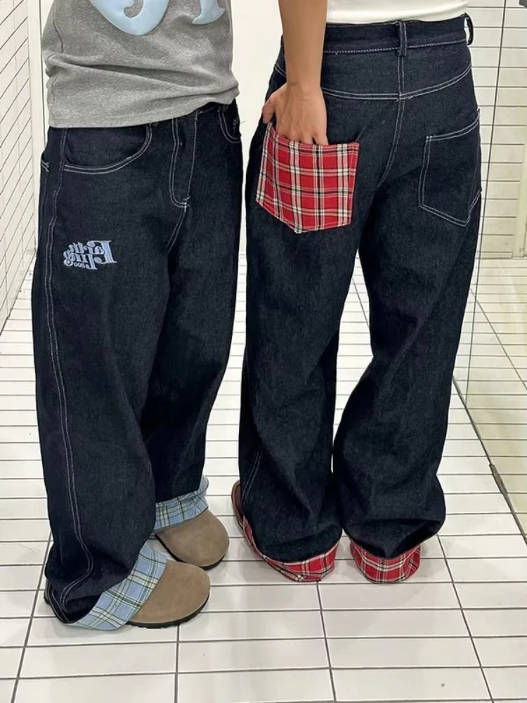 

American retro plaid patchwork rolled edge women jeans high street Harajuku loose wide leg straight leg men and women pants