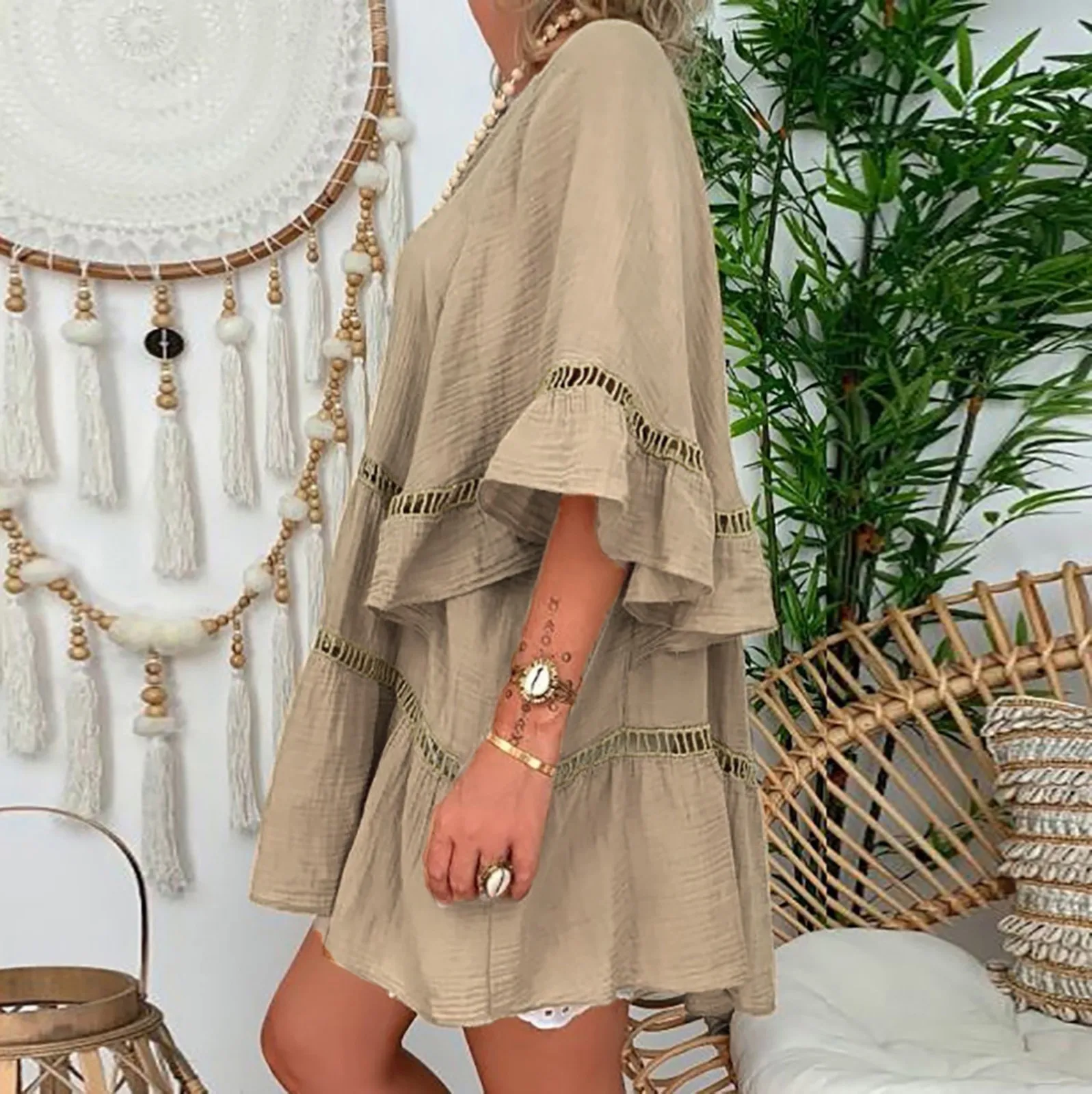 2023 Summer Fall Cotton Linen Blouse for Women 3/4 Sleeve V-neck Loose Button Up Dress Hollow Large Size Shirt Dress Tops Mujer