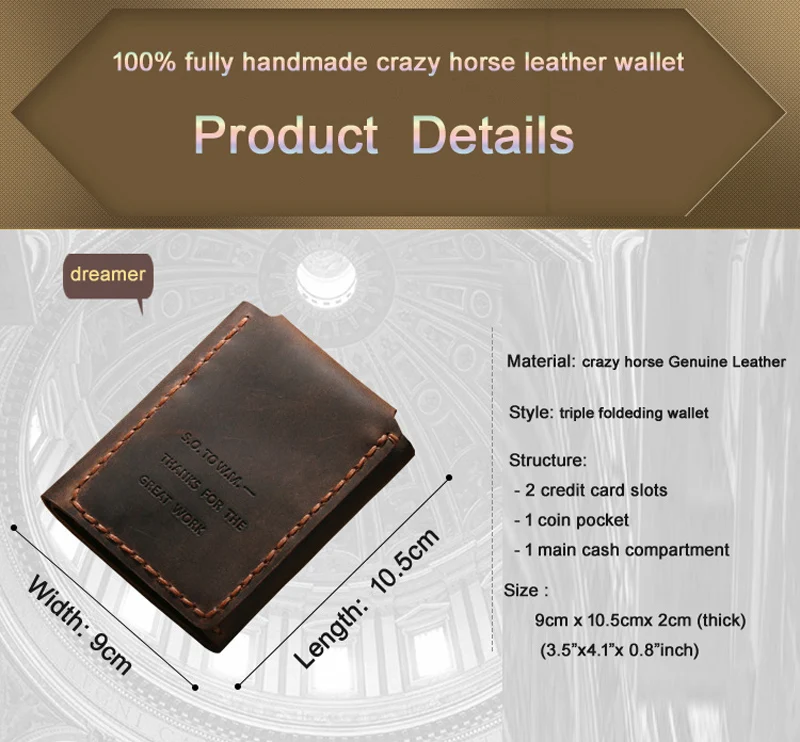 Secret of Walter Mitty Handmade Genuine Leather Wallet Men Trifold Wallet Purse Crazy Horse Leather Short Money Clips Money Bag