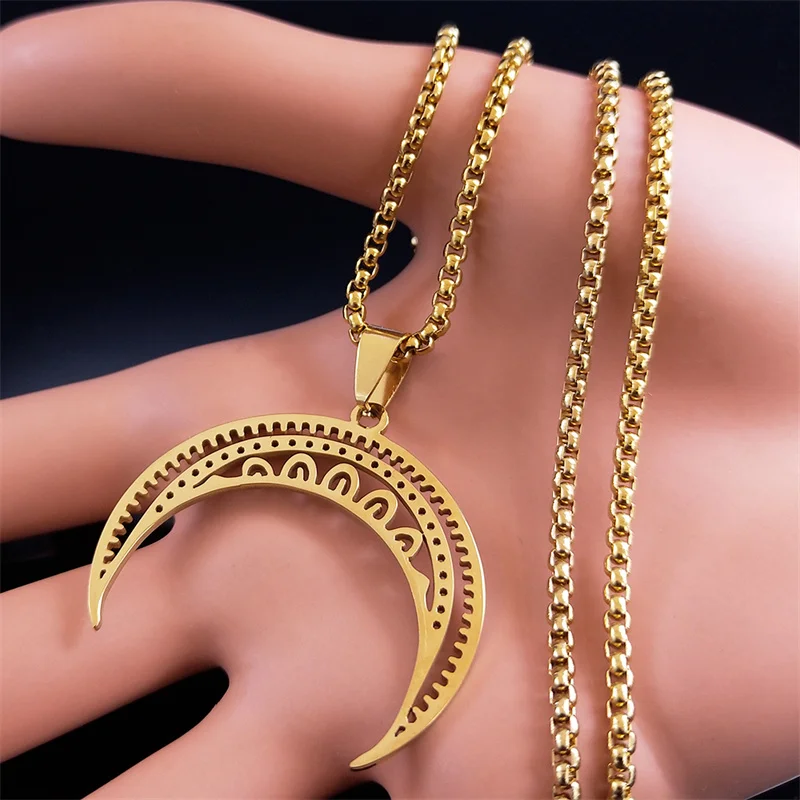 Witchcraft Divination Moon Pendant Necklace Stainless Steel Gold Color Crescent Meniscus Necklaces Jewelry colar N4599S02