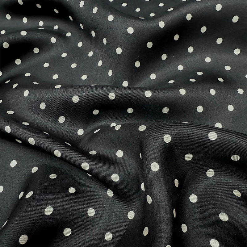 

1 meter 100% Mulberry Silk 19 momme Twill Silk Fabric Black with White Point Printed 140cm 55" wide by the yard JX230