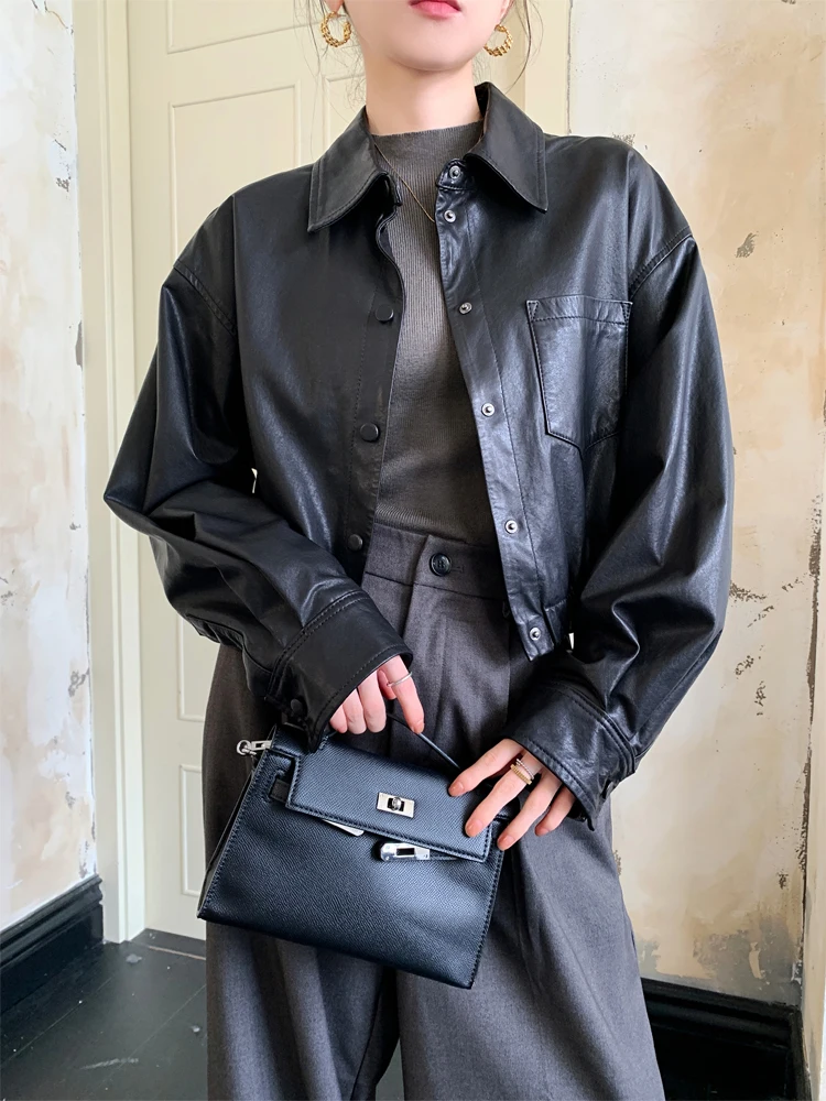 

Casual Short Genuine Leather Jackets for Women Spring Autumn 2026 New High-end Simple Soft Black Real Sheepskin Coat