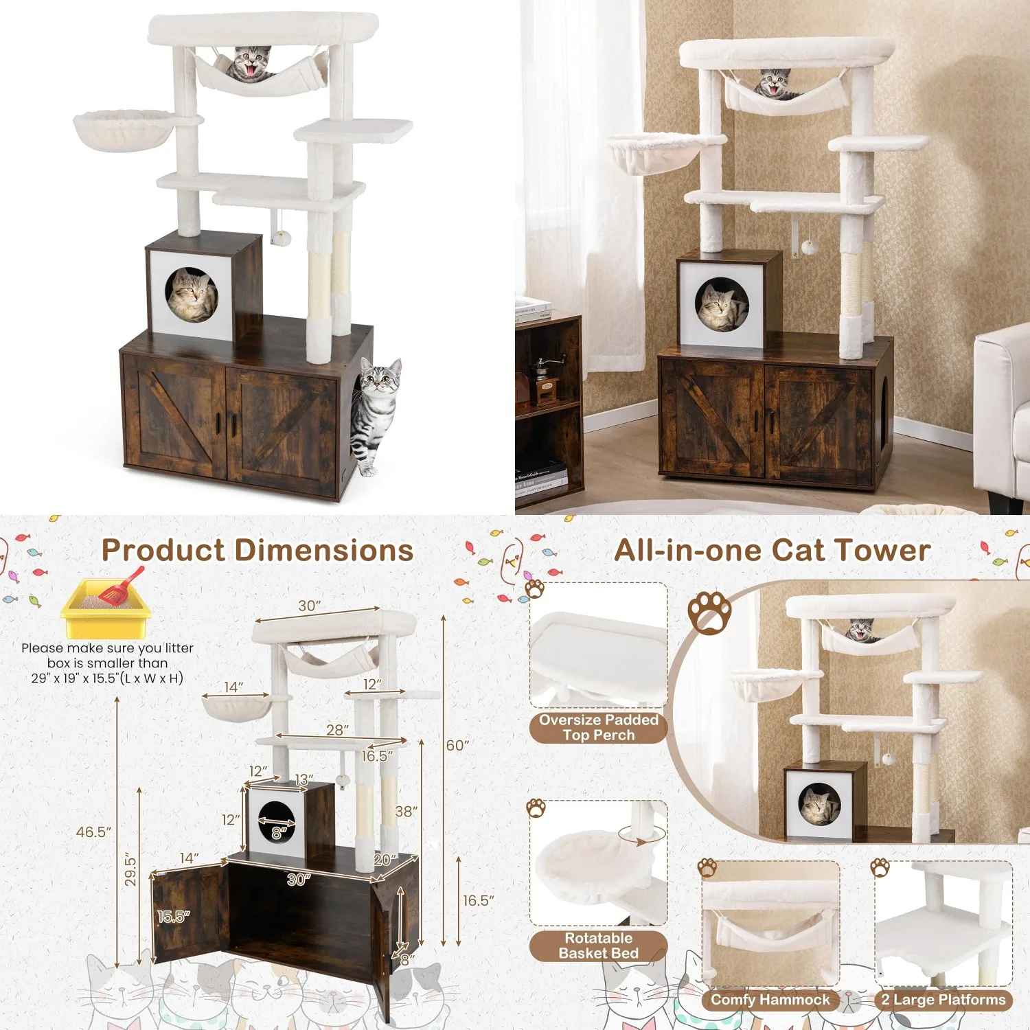 

Cat Tree with Litter Box Enclosure, Industrial Hidden Litter Box with Cat Tree Tower, Sisal Scratching Posts,, Customized