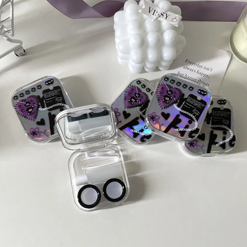 علبة عدسات لاصقة بغطاء ليزر، حاوية عدسات ملونة، صندوق تخزين عدسات التجميل، مجموعة سفر مع مرآة هدية فتاة #6