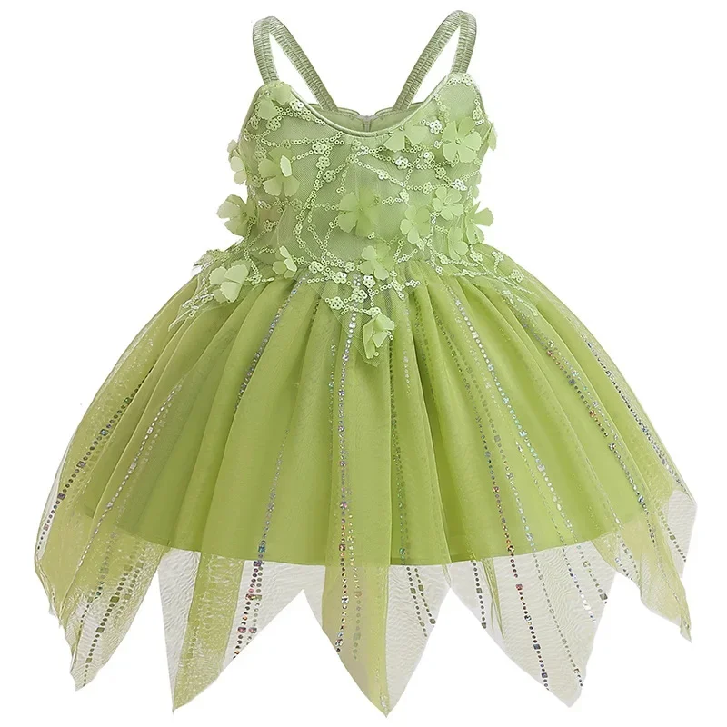 

Cartoon Flower Fairy Tinker Bell Cosplay Costume For Halloween Elf Princess Green Tulle Dress Sleeveless Girls Party Dresses
