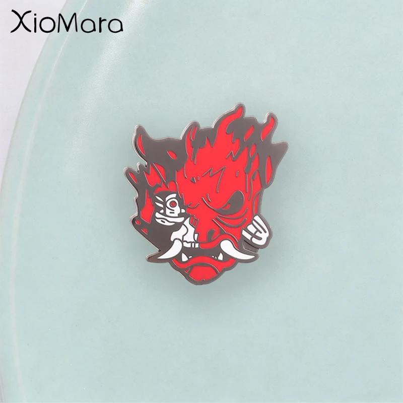Japanese Hannya Mask Enamel Pin, Red Black Flame Demon Gothic Badge, Fashion Accessory, Gift for Punk Subculture Fans
