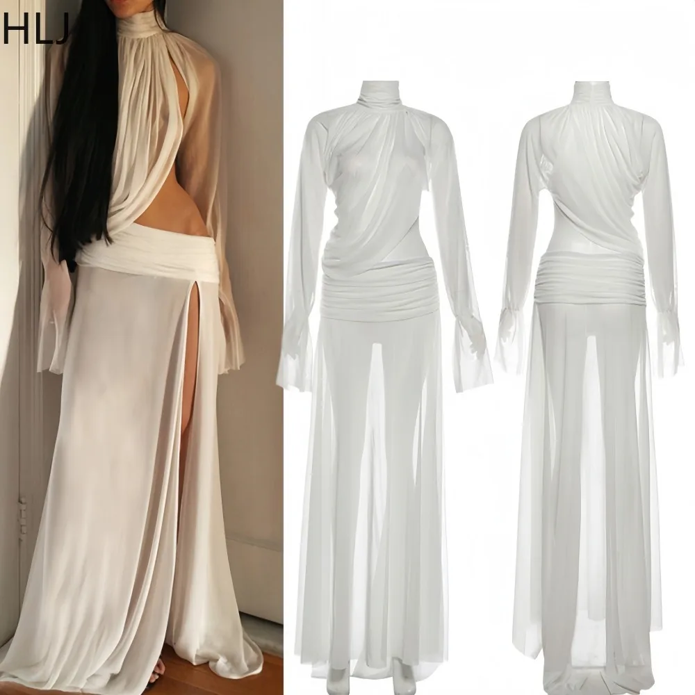 

HLJ Sexy Mesh See Through Bodycon Dresses for Women Hollow-out Patchwork High Neck Flared Sleeve Dress Female Beachwear 2026 New