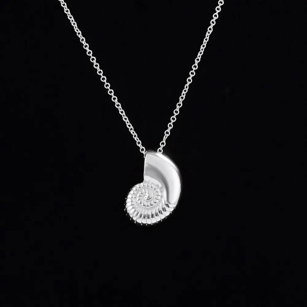 Design Silver Plated Fashion Beach Style Ocean Theme Vintage Alloy Choker Chain Necklace Sea Snail Shell Round Conch Pendant