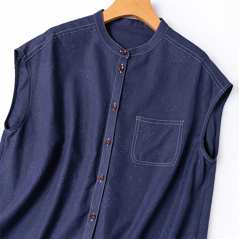 80% Mulberry Silk 20% Cotton Spun Silk Denim Blue Color Cap Sleeve Buttons Down Women Top Shirt Blouse T-shirt Summer M1698