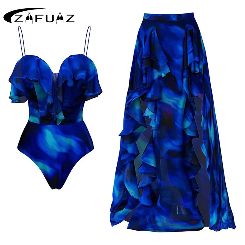 

Ruffle One Piece Swimsuit and Skirt Blue Swimwear 2024 Female Vocation Bathing Suit Beachwear Beach Dress Frill Sarong Cove-Up