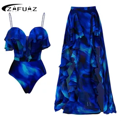 Ruffle One Piece Swimsuit and Skirt Blue Swimwear 2024 Female Vocation Bathing Suit Beachwear Beach Dress Frill Sarong Cove-Up