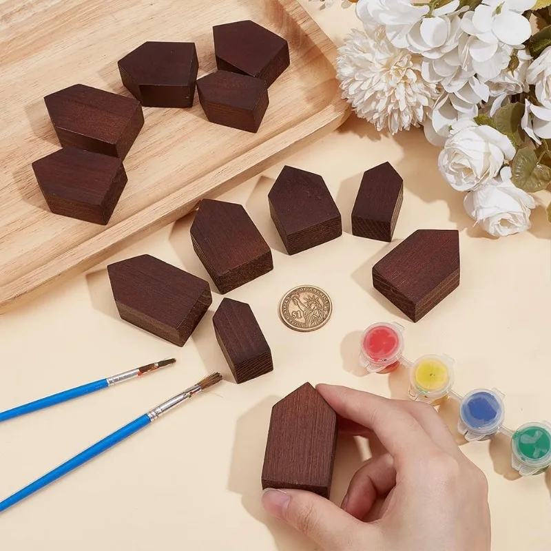 12Pcs 4 Sizes Coconut Brown Wooden House Shaped Blocks Arrow Shape Wooden Tray Plates Blank Wooden Cutouts Farmhouse