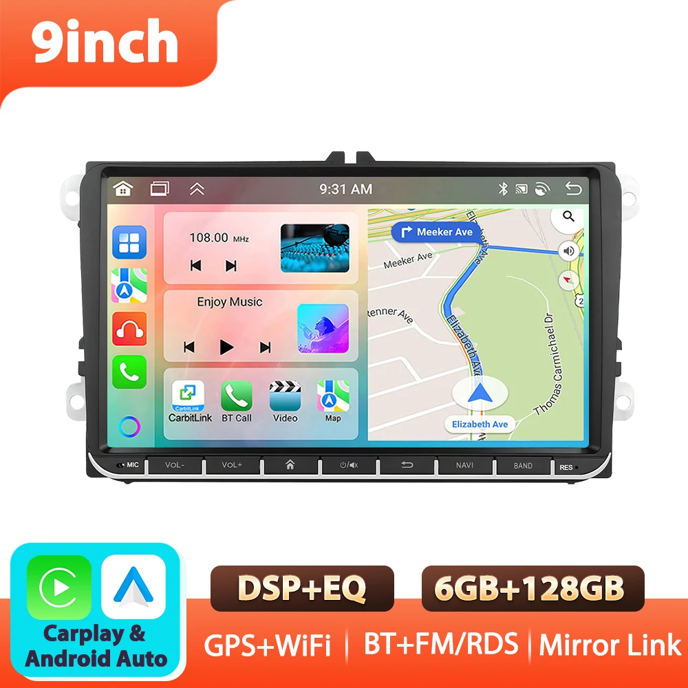 Podofo 9'' 6+128G autoradio voor VW/PASSAT/GOLF/POLO/BORA multimediaspeler Carplay Android Auto BT GPS WIFI RDS EQ FM autoradio