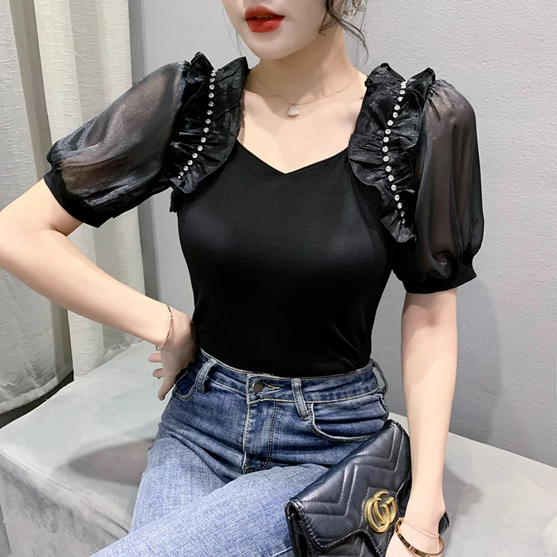 

Black Summer Korean Style Cotton T-Shirt Chic Sexy Patchwork Ruffles Diamonds Women Tops Puff Sleeve Hand Made Tees New 43311