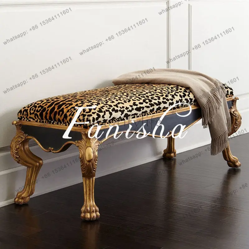 European neoclassical solid wood light luxury carving bedroom end stool French shoe changing footstool