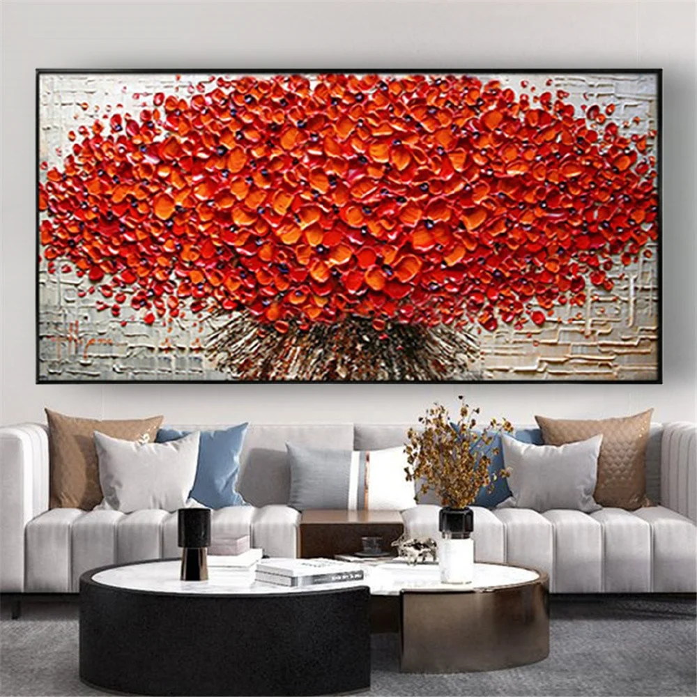 

Wedding Gift Home Trim Artwork 100% Hand-Painted Red Flowrs Knife Oil Painting On Canvas Modern Large Wall Art Decor Live Room