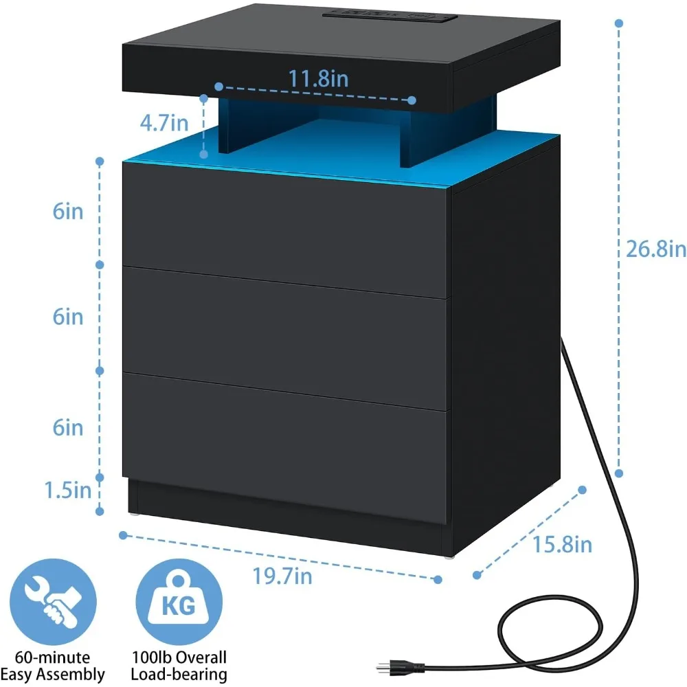 LED Nightstand with Wireless Charging Station & USB Ports 3 Drawers High Gloss Bedside Table with LED Light RGB Adjustable