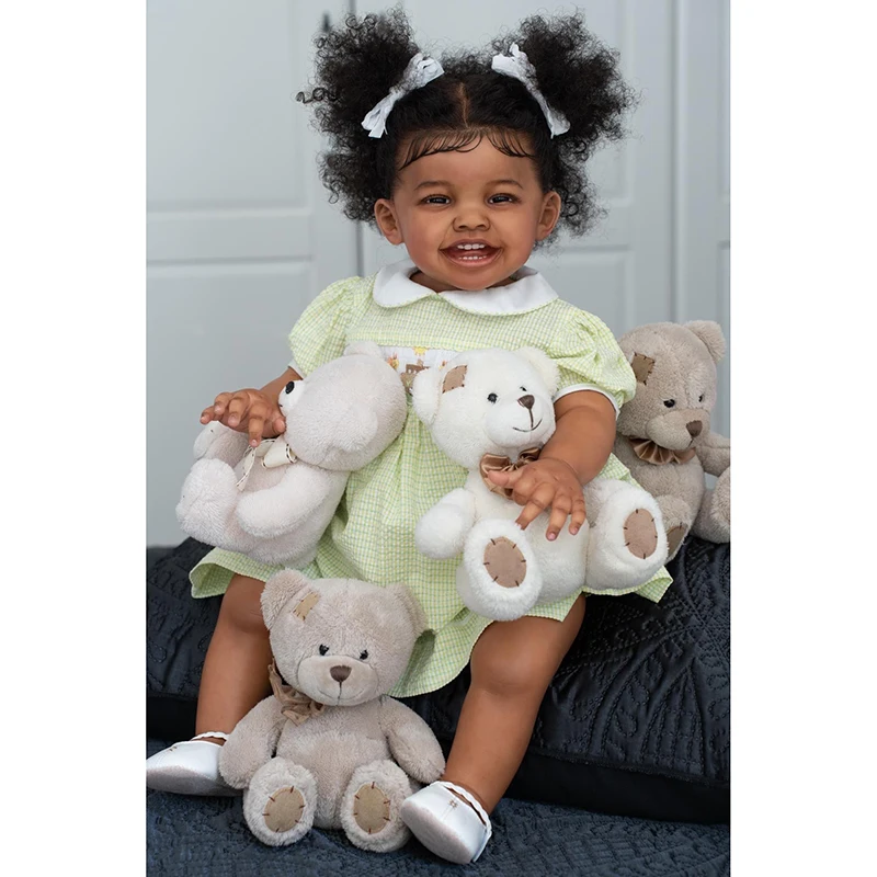 

60CM Reborn Toddler Girl Doll Mila Dark Skin Smile Face Happy Baby Rooted Hair High Quality Art Collectible Doll